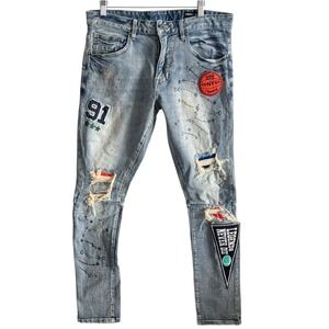 Smoke Rise Distressed Denim Jeans Patches Rips Paint Splatter Mens 34 Streetwear